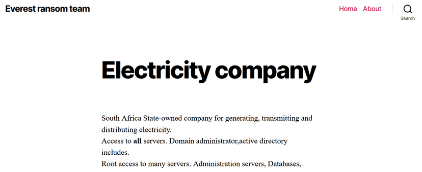 Everest gang demands $200K for data stolen from South Africa state-owned electricity company ESKOM