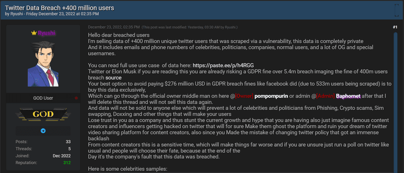 Updated: Data of 400 Million Twitter users up for sale