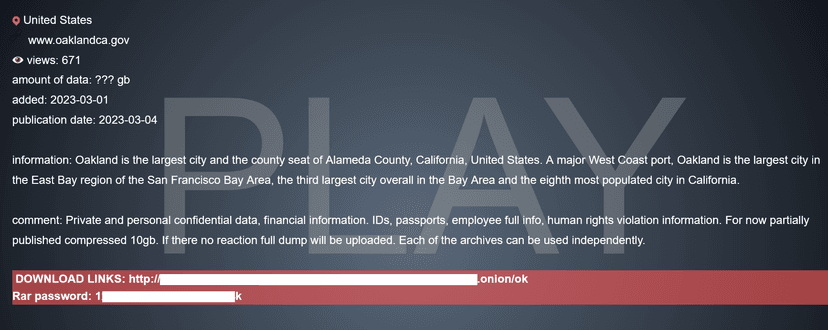 Play Ransomware gang has begun to leak data stolen from City of Oakland