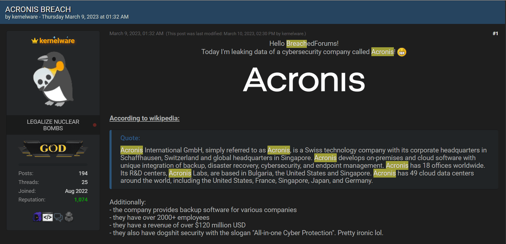Acronis breach