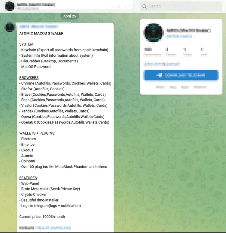 Atomic macOS Stealer is advertised on Telegram for $1,000 per month