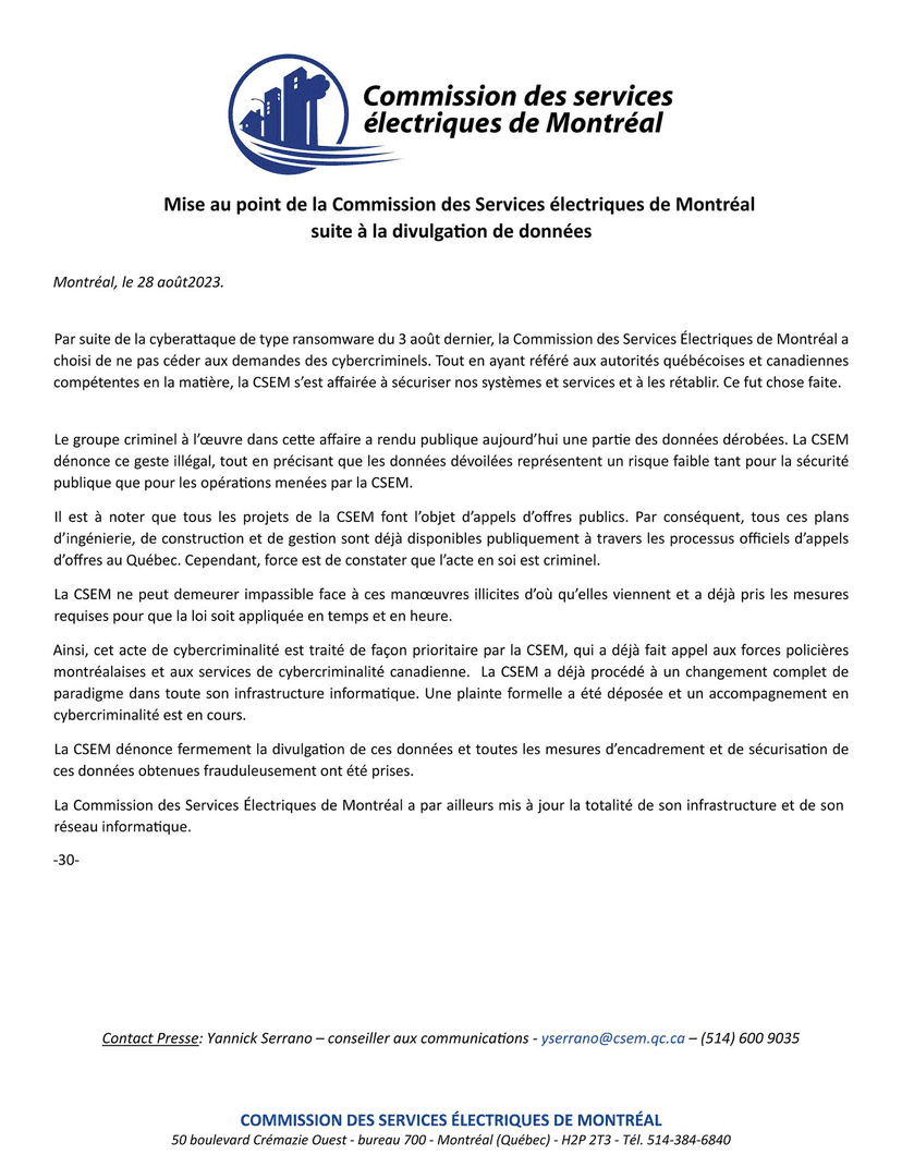 LockBit ransomware gang hit the Commission des services electriques de Montréal (CSEM)