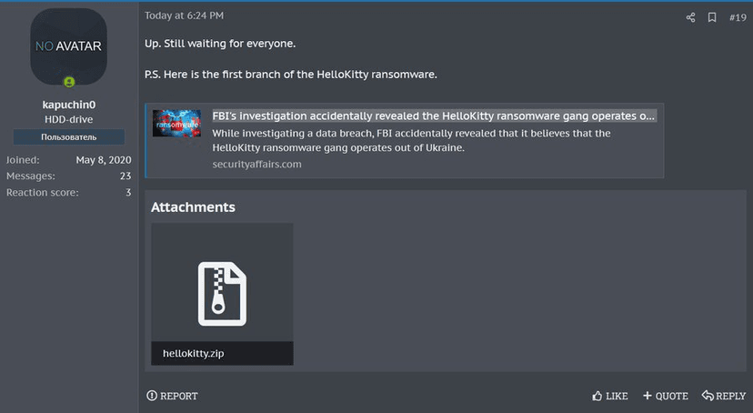 The source code of the 2020 variant of HelloKitty ransomware was leaked on a cybercrime forum