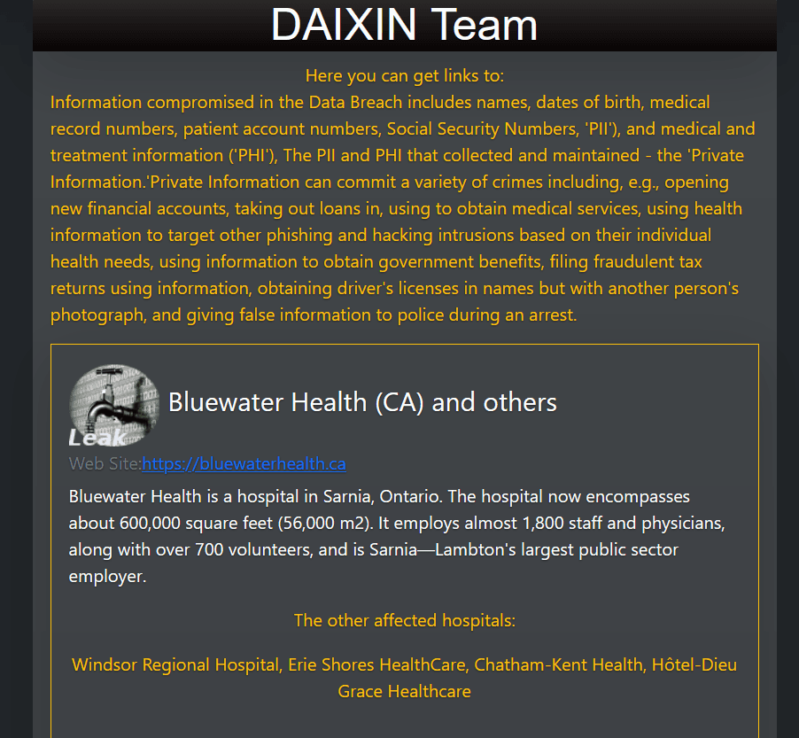 Canadian Hospitals ransomware