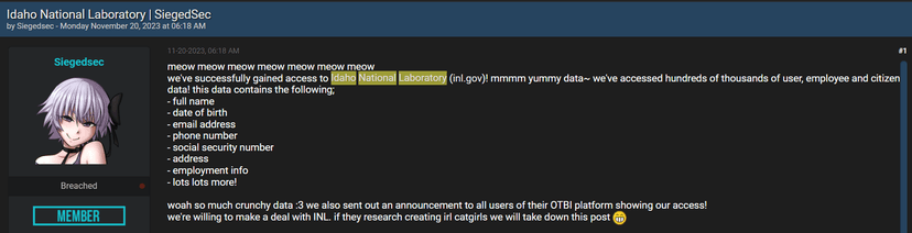 SiegedSec hacktivist group hacked Idaho National Laboratory (INL)