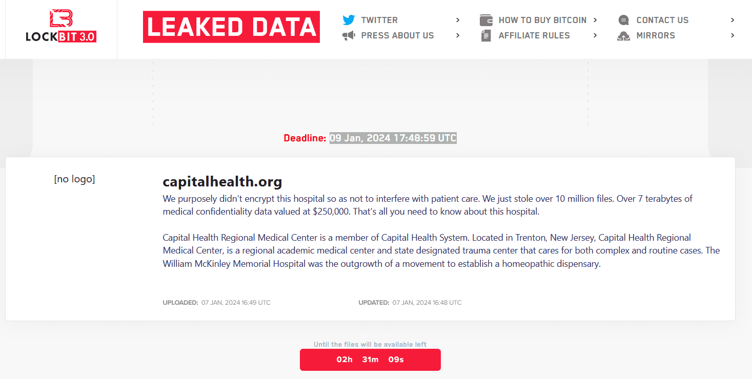 Capital Health Lockbit