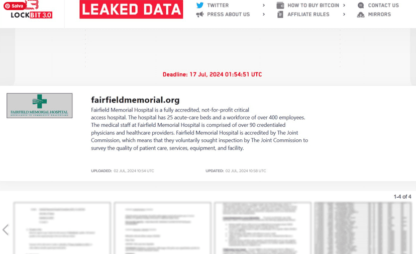 LockBit group claims the hack of the Fairfield Memorial Hospital in the US