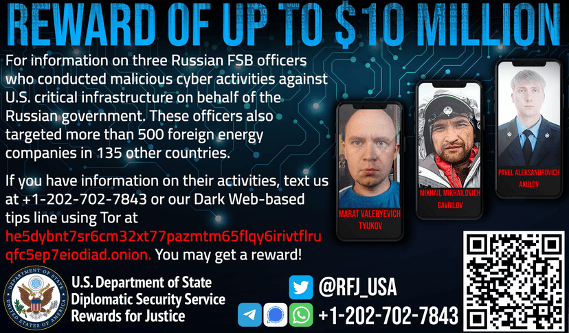 $10M reward for Russia’s FSB officers accused of hacking US Critical infrastructure