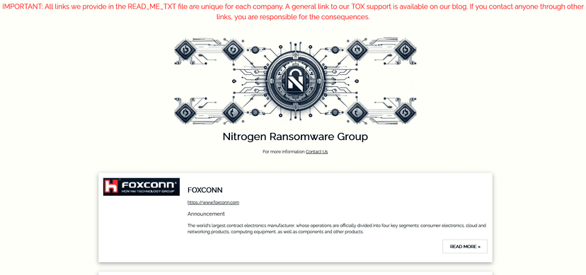 Nitrogen Ransomware claims massive data theft from Foxconn